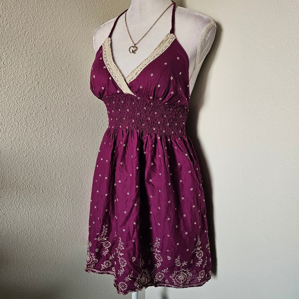 Heart Soul Plum Purple Halter Mini Dress Floral Boho